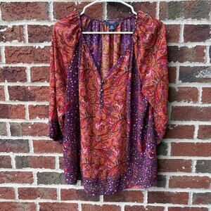 Chaps Boho Paisley Blouse Purple Orange V-Neck Long Sleeve Size Womens M